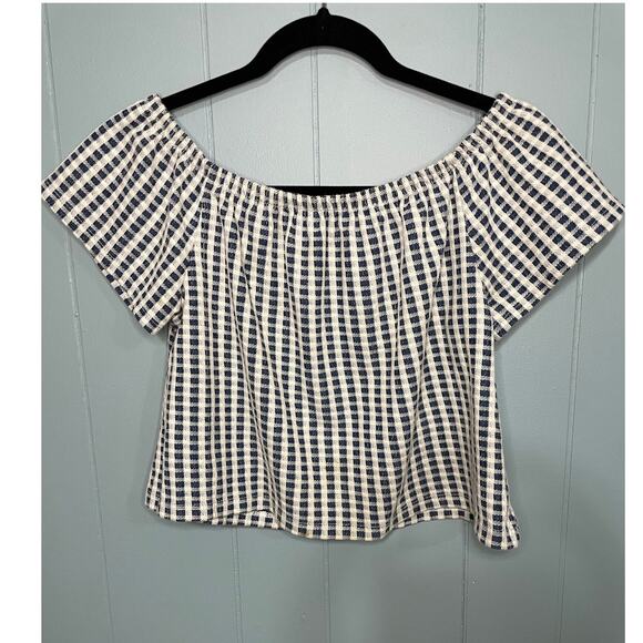 Zara Off Shoulder Blue & White Plaid Shirt, Size Small - Picture 1 of 4